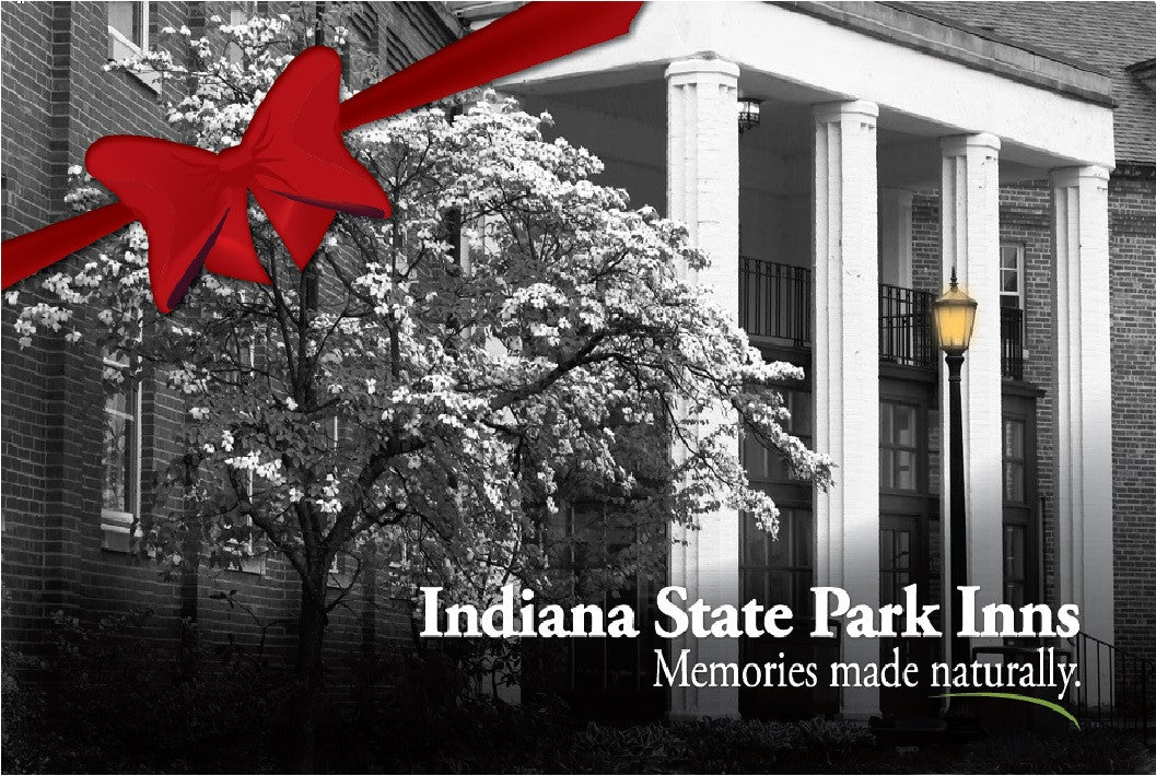 Indiana State Park Inns advertisement with a red bow and black and white building.