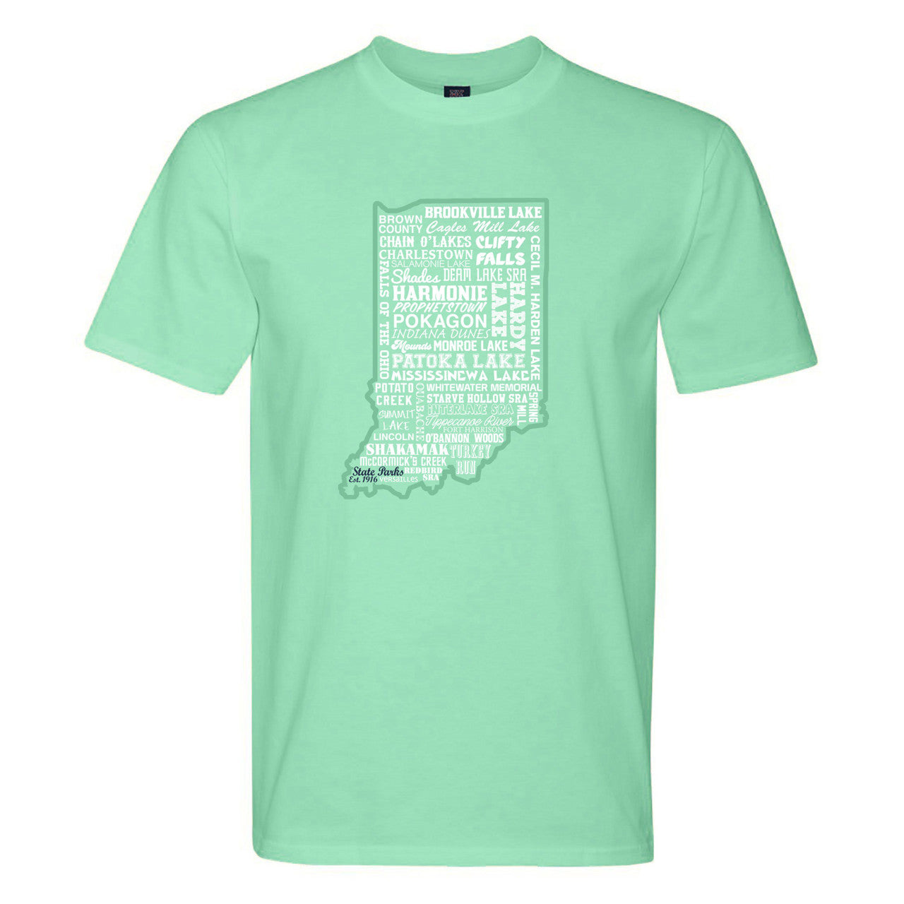 Mint green t-shirt with white text map of Indiana on a white background