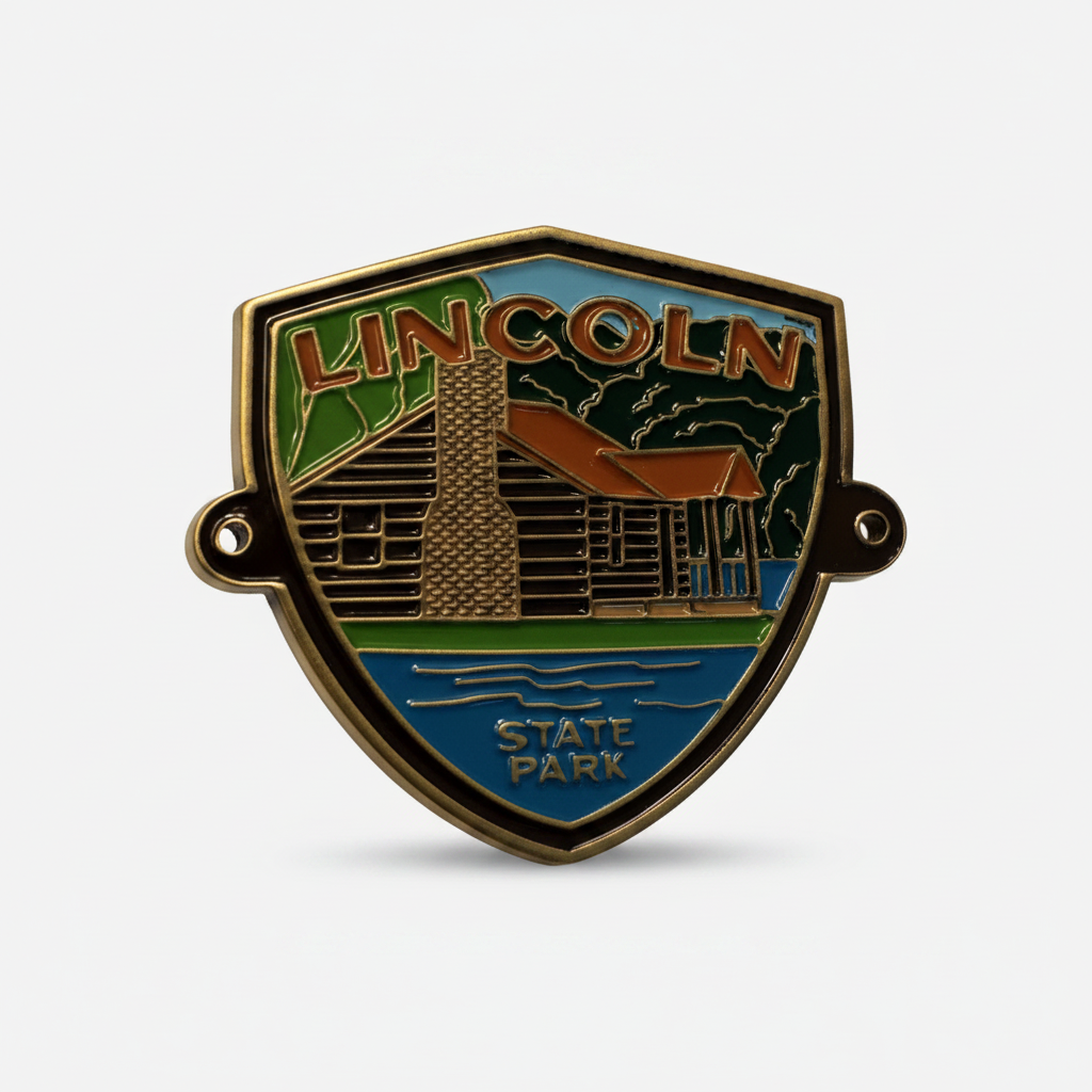 Shield shaped enamel hiking stick medallion with image of brown log cabin and blue water and 'Lincoln State Park' in text