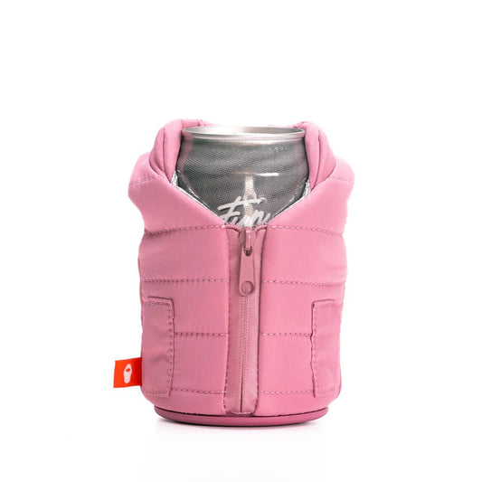 Pink can cooler with a zipper on a white background