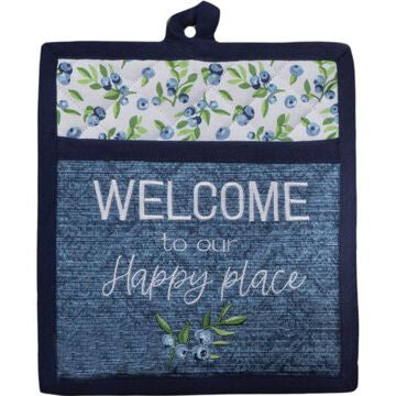 Blue potholder with blueberry pattern and 'Welcome to our Happy Place' text