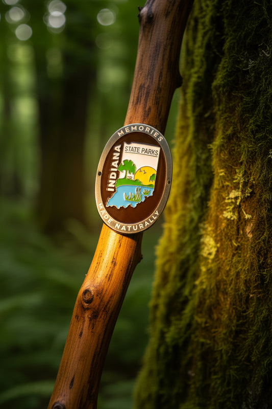 Oval hiking stick medallion with image of Indiana with white sky, yellow sun, green trees, and blue water on a black background and with a silver border and white and silver text saying 'Indiana State Parks; Memories Made Naturally' placed on a wooden hiking stick