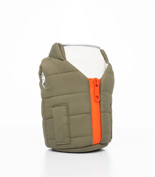 Green pouch with an orange zipper on a white background