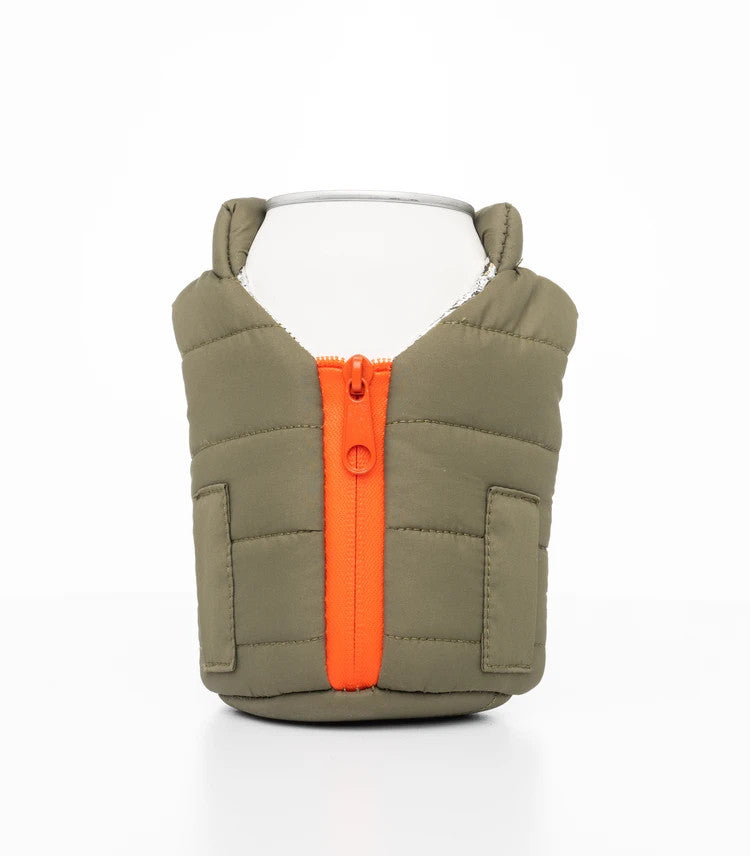 Green puffer bag with an orange zipper on a white background