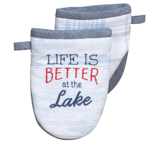 Off white and bluish grey oven mitt with 'Life is Better at the Lake' text 