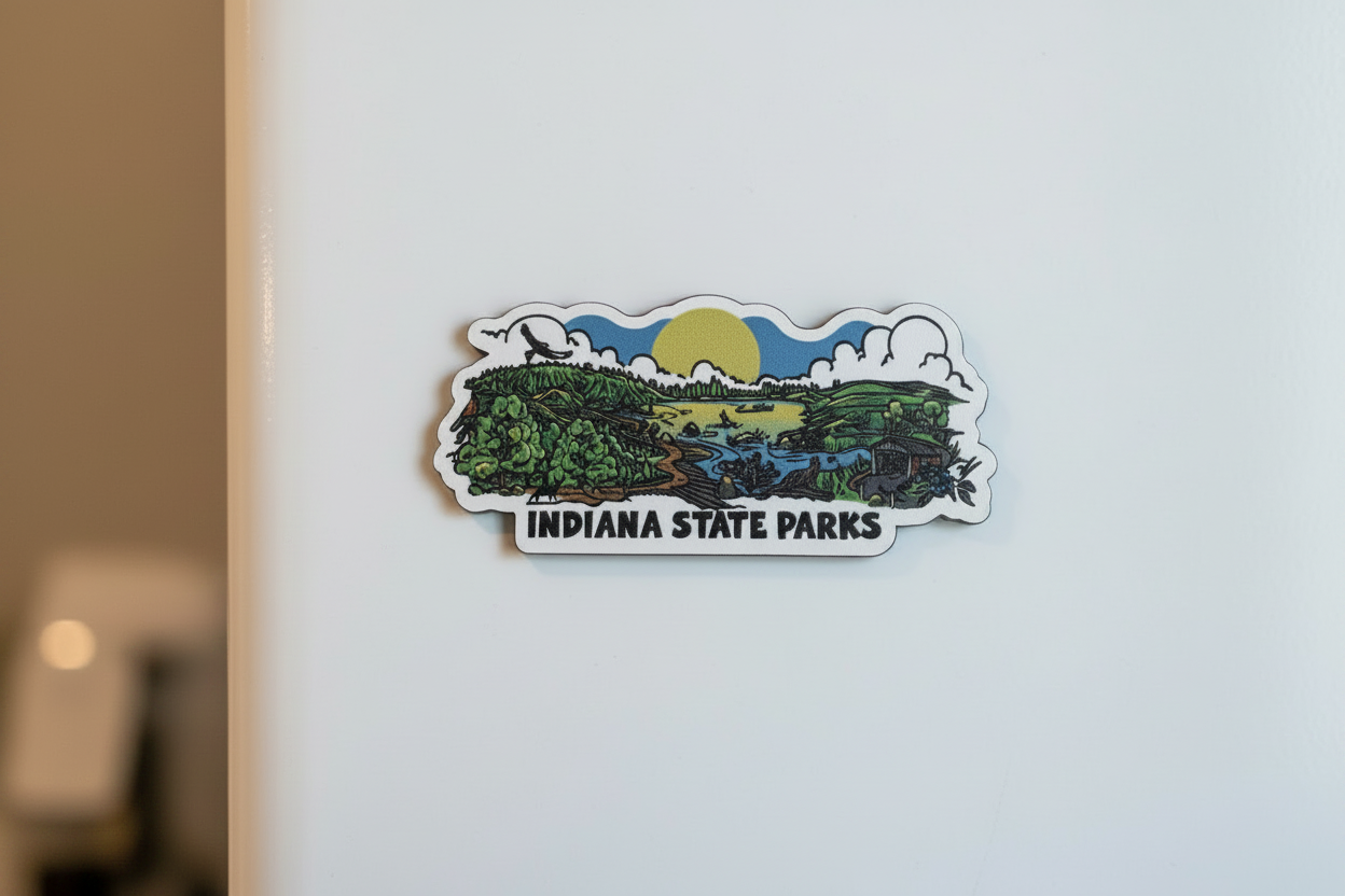 An Indiana State Parks magnet featuring a scenic landscape illustration with trees, hills, a river, clouds, and a yellow sun, with the text 'INDIANA STATE PARKS' along the bottom