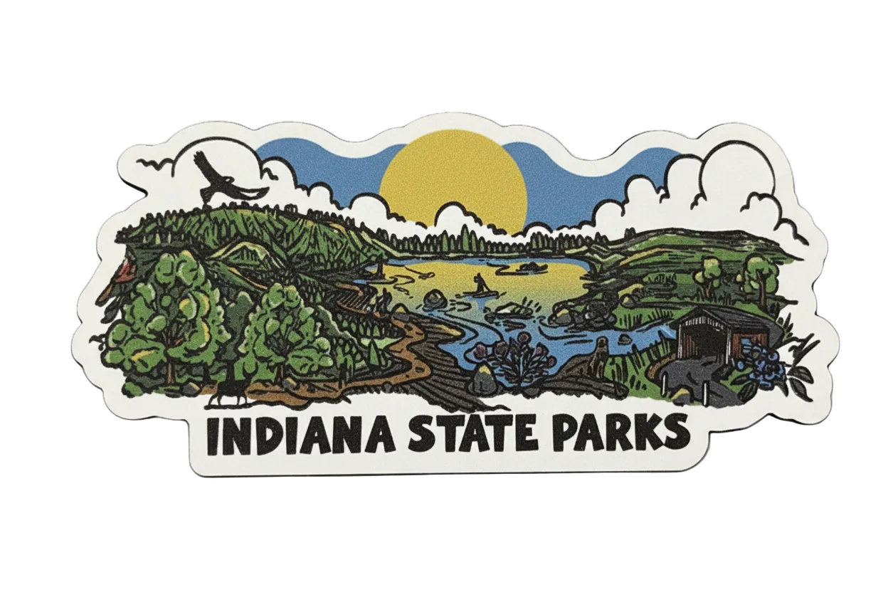 An Indiana State Parks souvenir magnet featuring a colorful landscape illustration with a yellow sun, blue sky, green trees, and a river, with the text 'INDIANA STATE PARKS' in black on a white border