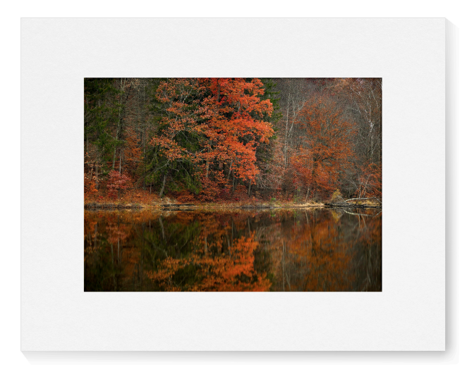 A framed or matted art print showing an autumn forest scene with bright orange and red trees reflected in calm water, presented against a clean white background.