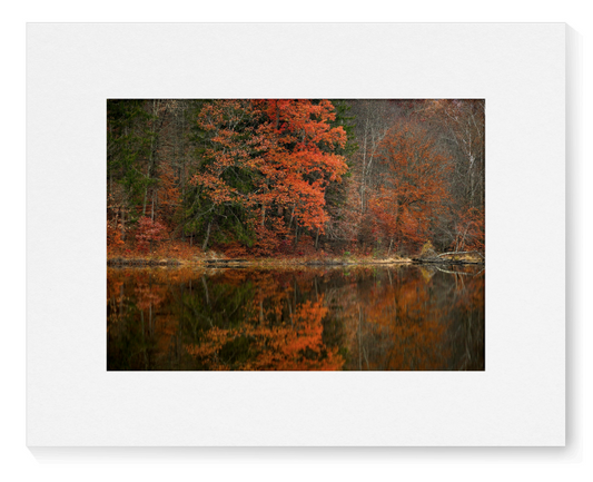A framed or matted art print showing an autumn forest scene with bright orange and red trees reflected in calm water, presented against a clean white background.