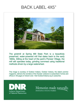 A document page titled 'BACK LABEL 4X5"' featuring a landscape photograph of a gristmill at Spring Mill State Park, with descriptive text and a DNR logo at the bottom.