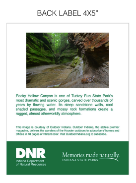 A printed back label sheet with a small scenic photo of a canyon, descriptive text, and a green footer with DNR and Memories made naturally logos. The top text reads BACK LABEL 4X5".