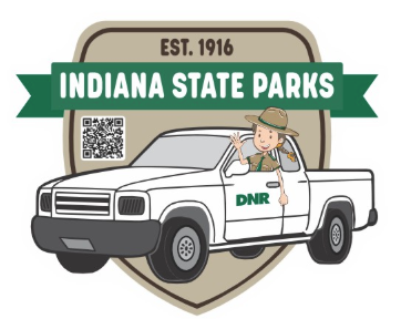 Indiana State Parks logo featuring a white DNR truck with a cartoon park ranger in a hat, set against a beige shield with a green banner reading 'INDIANA STATE PARKS' and 'EST. 1916'.