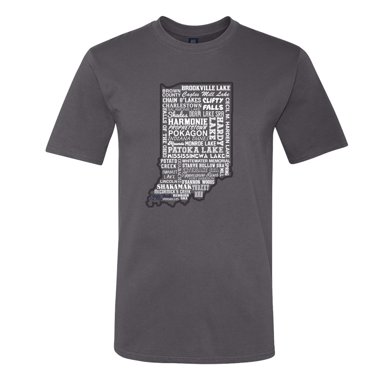 Gray t-shirt with white text map of Indiana on a white background