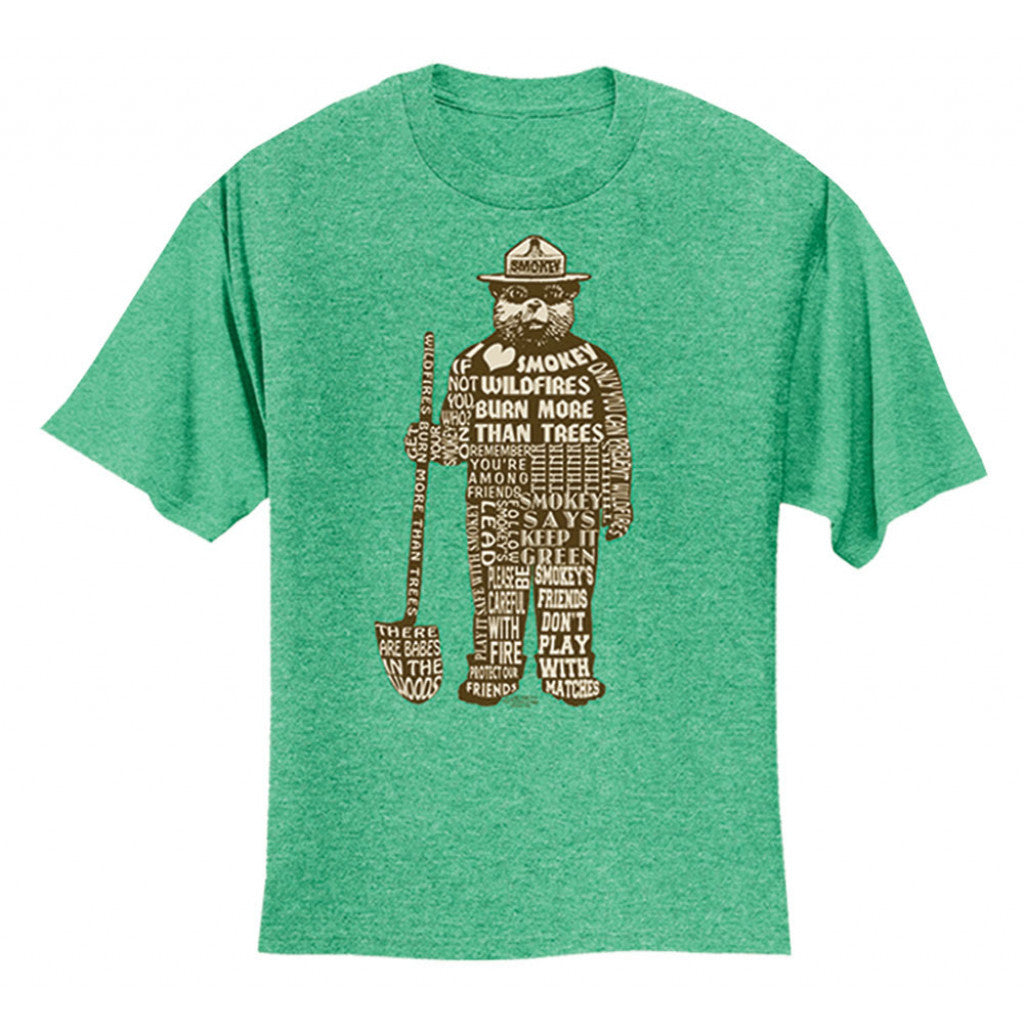 Green t-shirt with a graphic design of smokey the bear and text on a white background