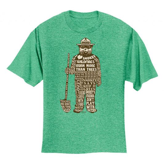 Green t-shirt with a graphic design of smokey the bear and text on a white background