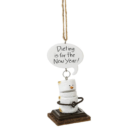 Decorative ornament with a marshmallow character and 'Dieting is for the New Year' text