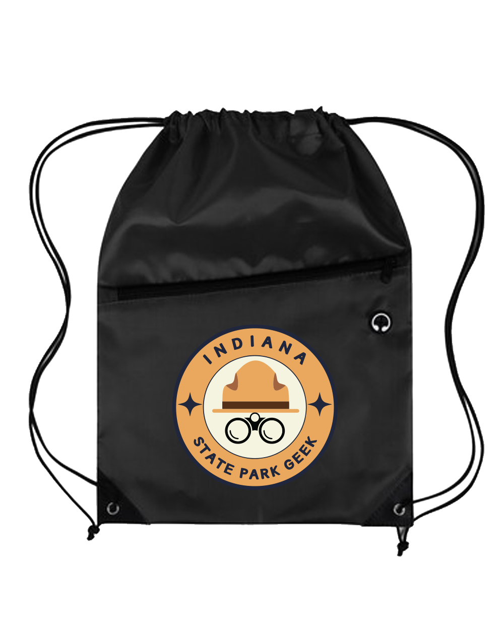 Black drawstring bag with 'Indiana State Park Geek' logo on a white background