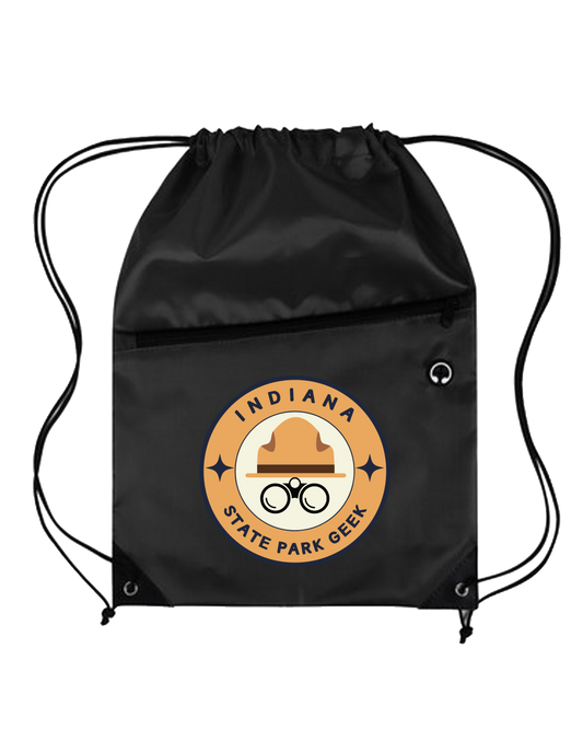 Black drawstring bag with 'Indiana State Park Geek' logo on a white background
