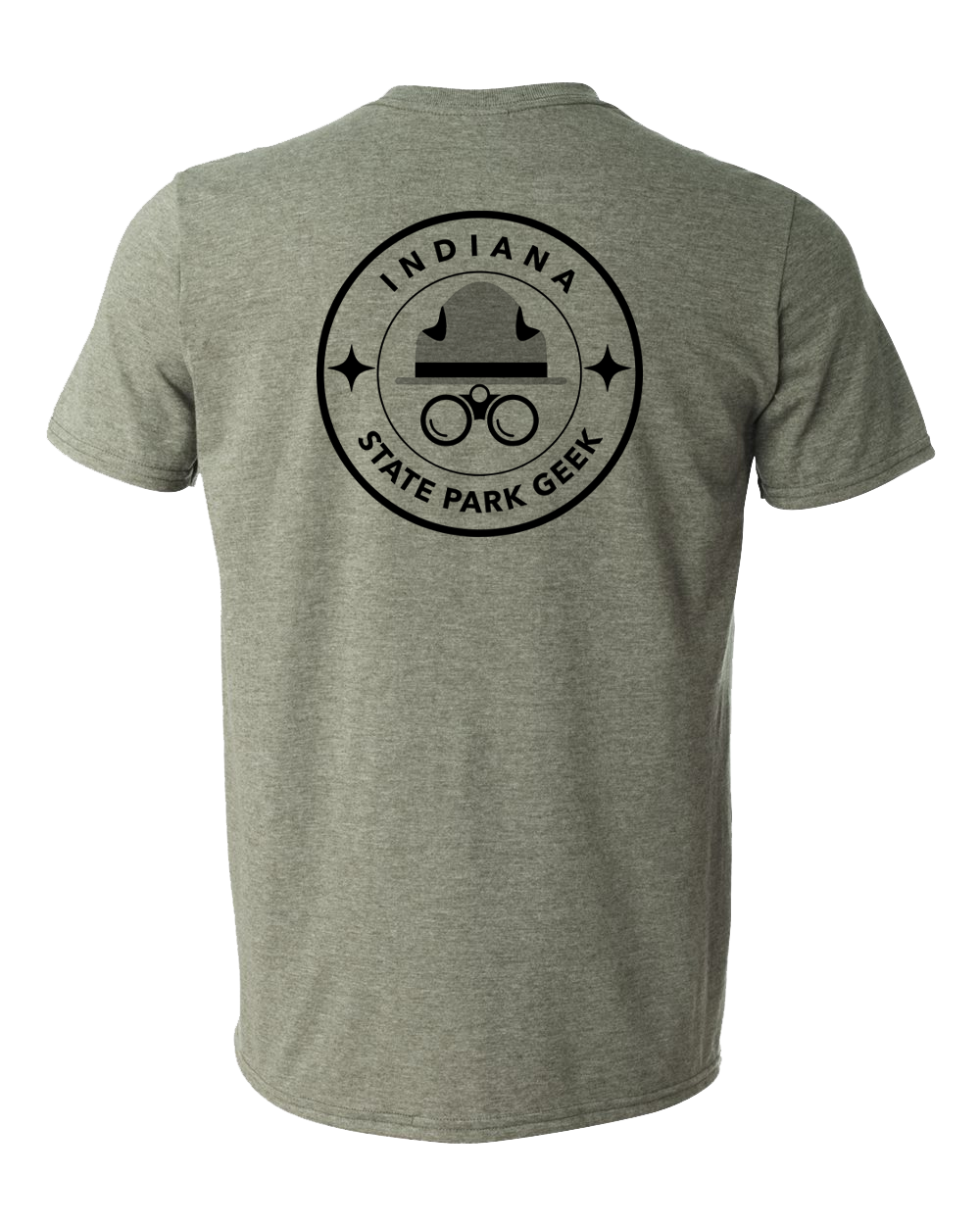 green t-shirt with 'Indiana State Park Geek' logo on a white background