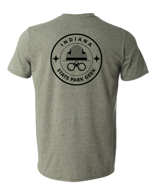 green t-shirt with 'Indiana State Park Geek' logo on a white background
