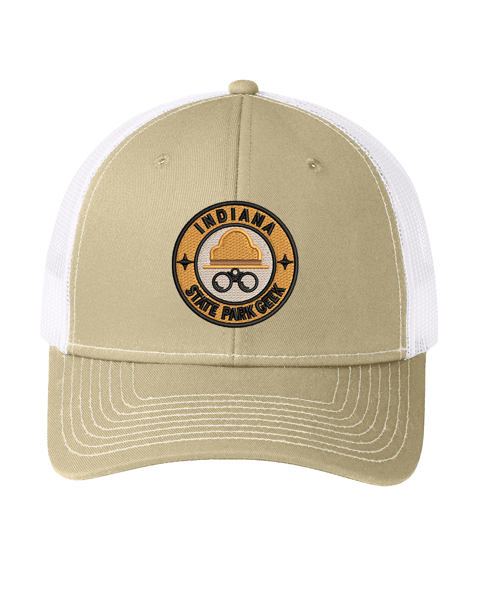 Beige and white cap with Indiana State Park Geek logo