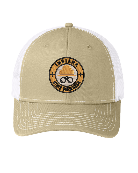 Beige and white cap with Indiana State Park Geek logo