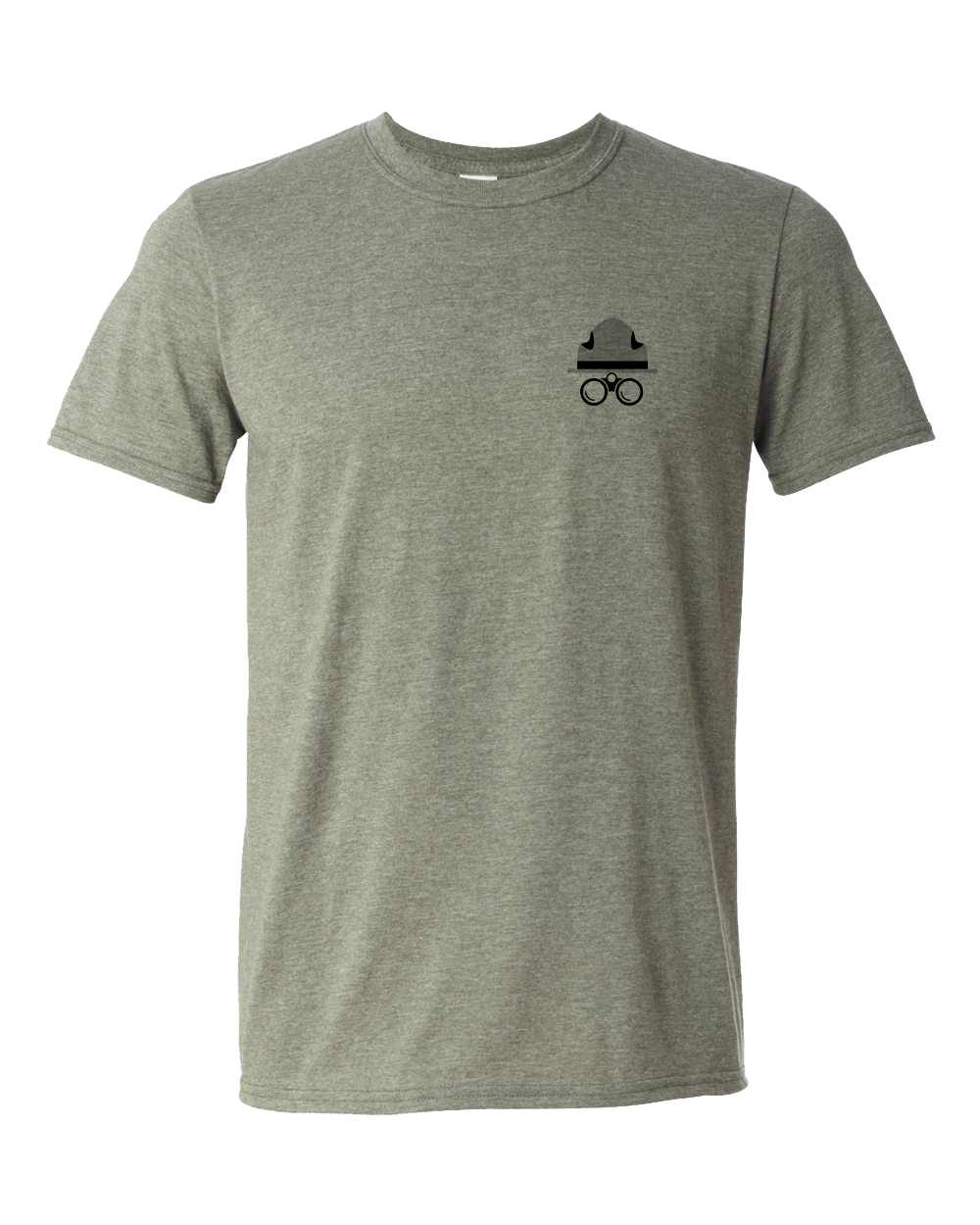 Green t-shirt with a black logo on a white background