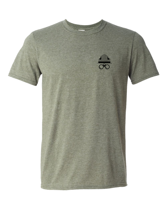 Green t-shirt with a black logo on a white background