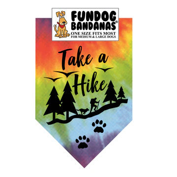 tie dye dog bandana with the text take a hike