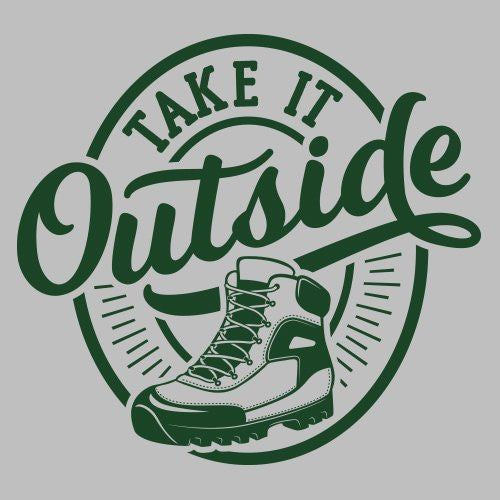 Green hiking boot with 'Take It Outside' text on a gray background