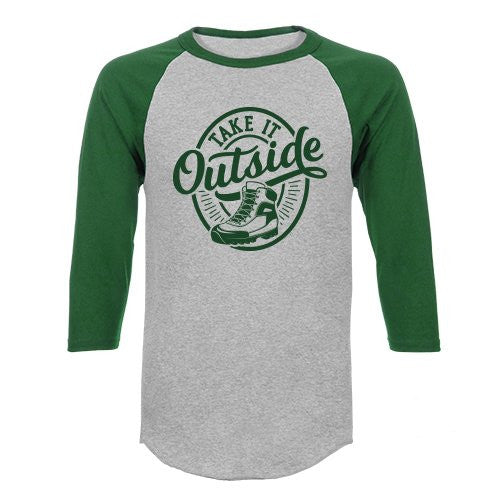 Gray and green baseball shirt with 'Take It Outside' graphic on a white background