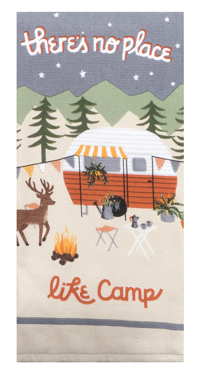 Decorative towel with camping scene featuring a camper, trees, and a deer with white and red text saying 'There's no Place Like Camp'