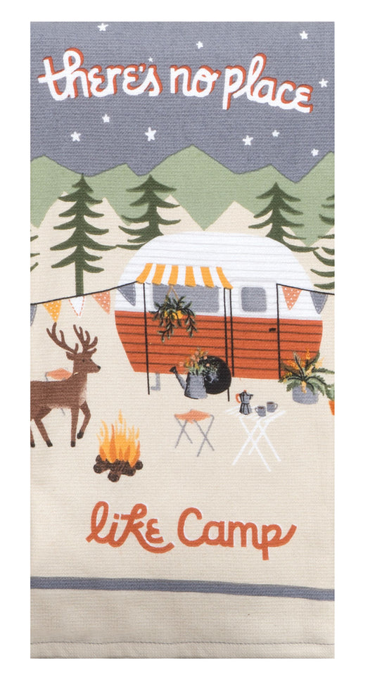 Decorative towel with camping scene featuring a camper, trees, and a deer with white and red text saying 'There's no Place Like Camp'