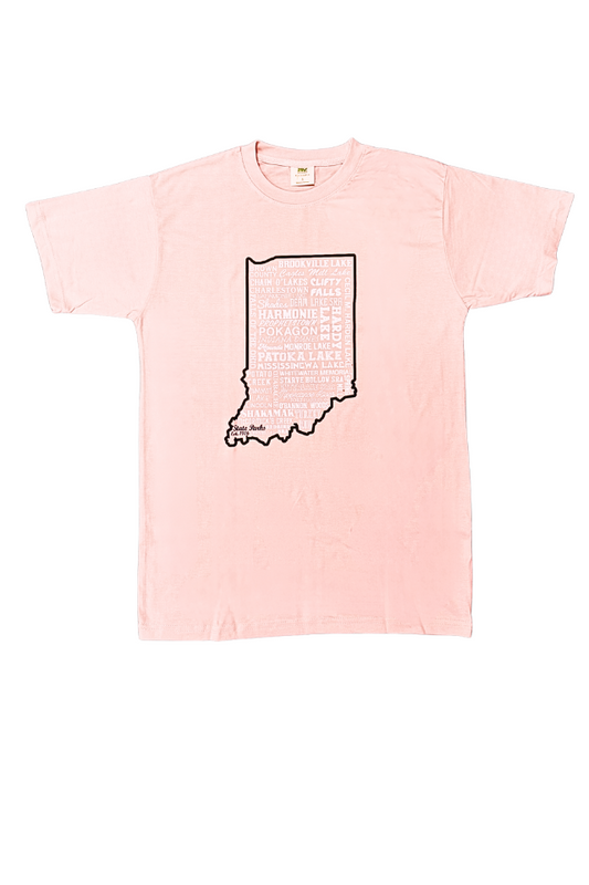 Pink t-shirt with Indiana map design on a white background