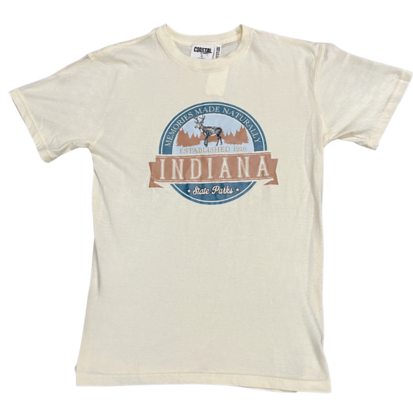Beige t-shirt with Indiana State Parks graphic on a white background