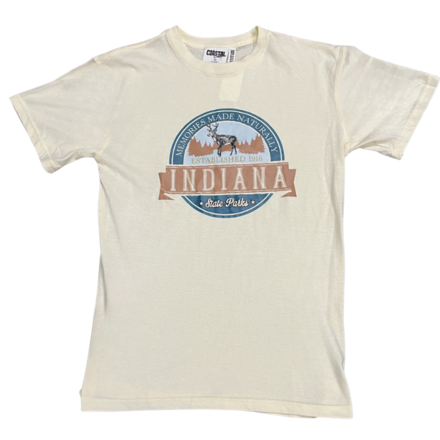 Beige t-shirt with Indiana State Parks graphic on a white background