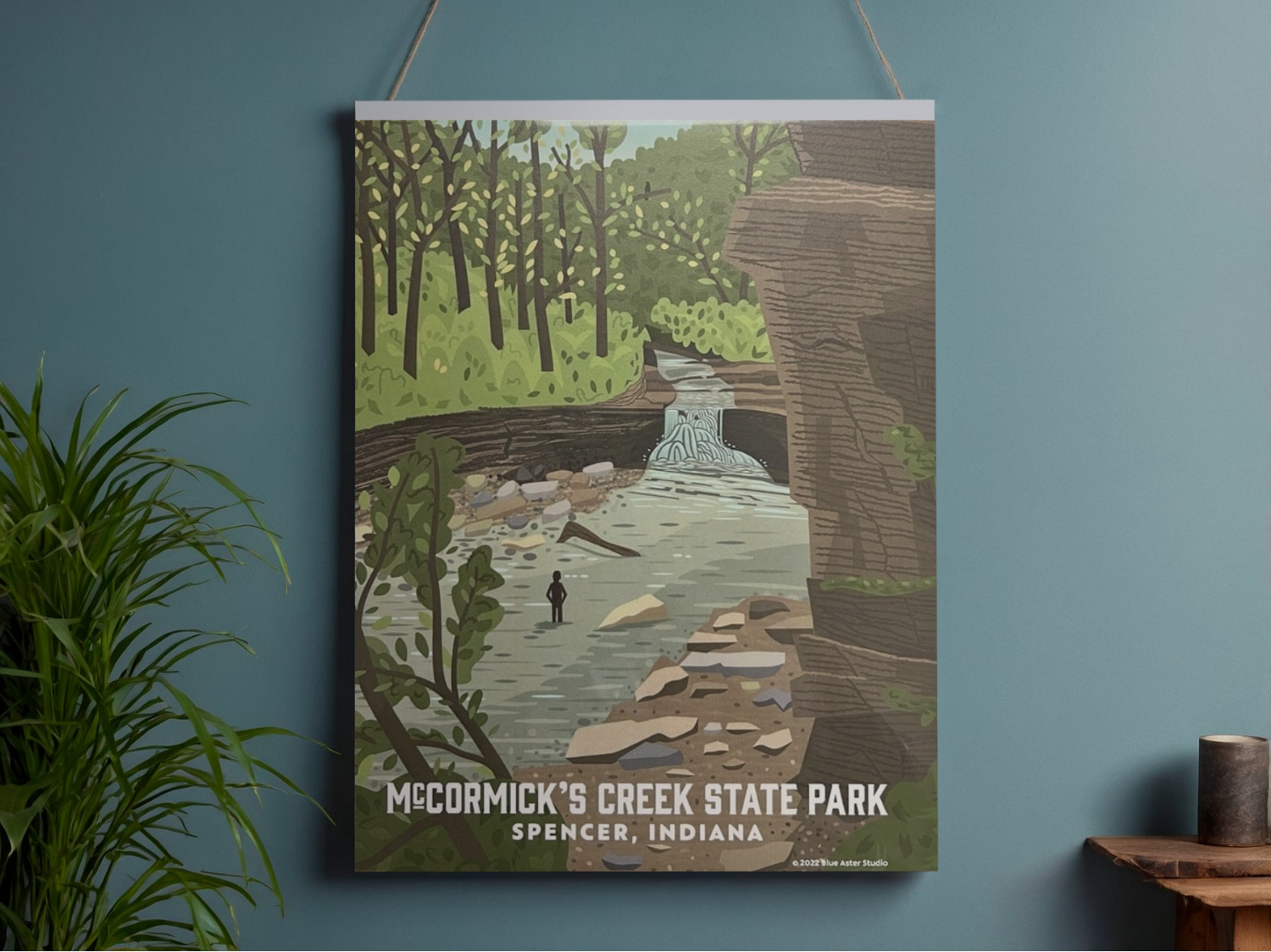 Illustration of McCormick's Creek State Park on a blue wall with a plant and small table in the foreground.