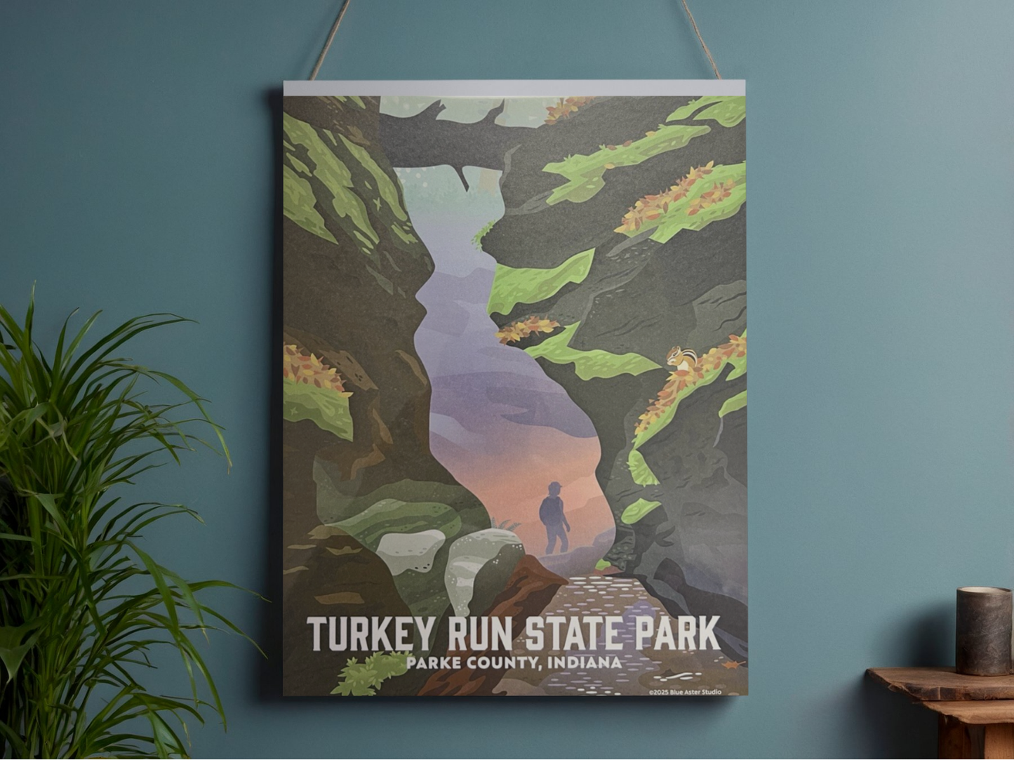 Poster of Turkey Run State Park with a scenic illustration of a person in a natural setting.