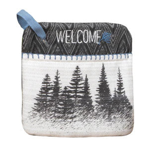 Potholder with forest design and 'Welcome' text on a white background
