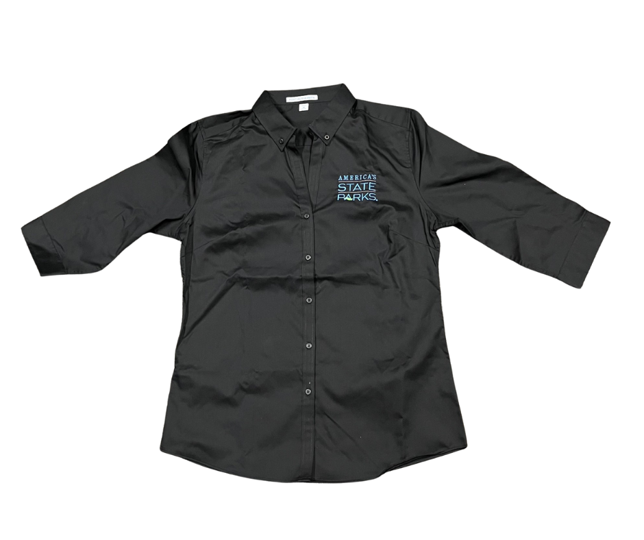 Women's black dress shirt with 'America's State Parks' logo in blue text