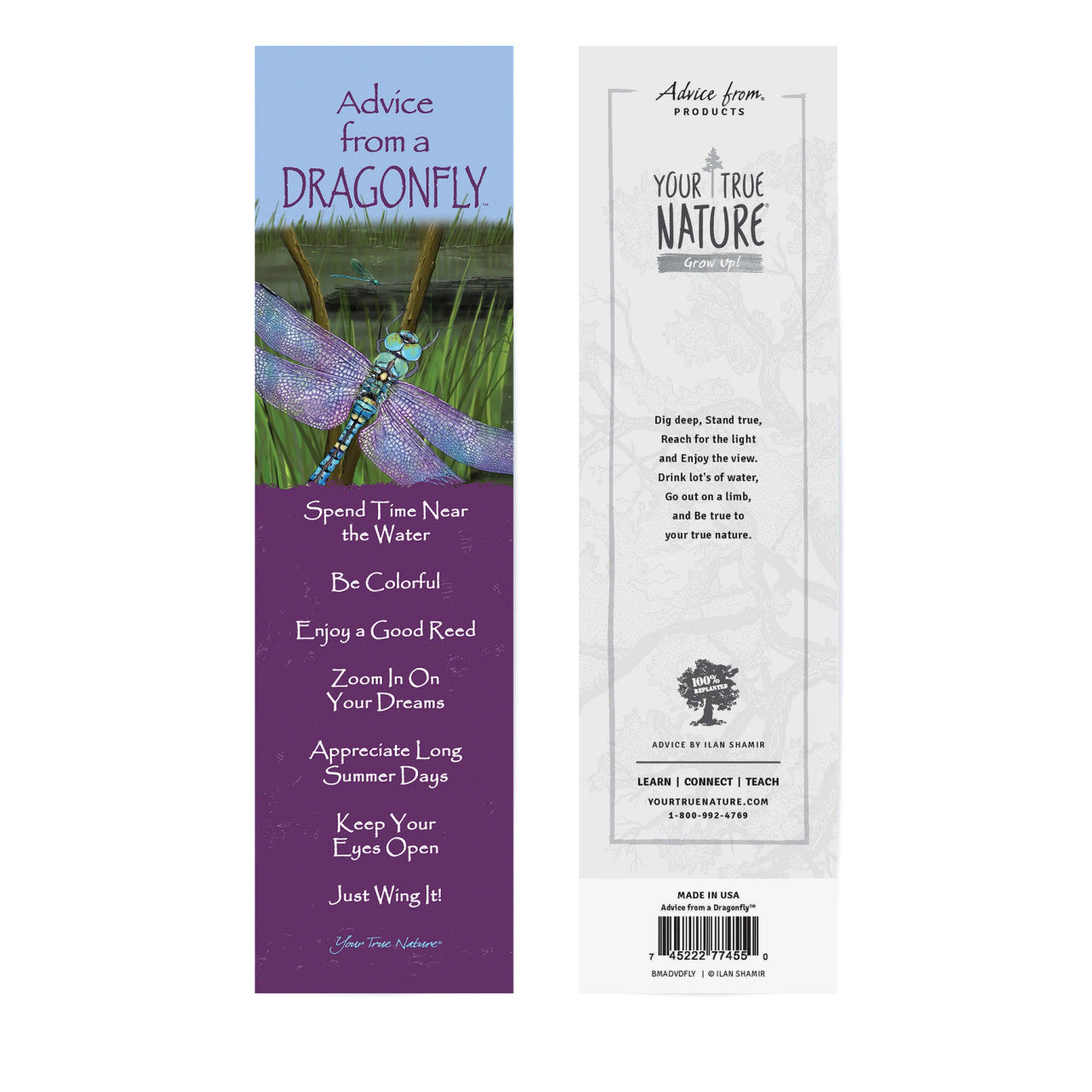 Purple and blue bookmark with dragonfly image, listing advice from a dragonfly with purple and white text