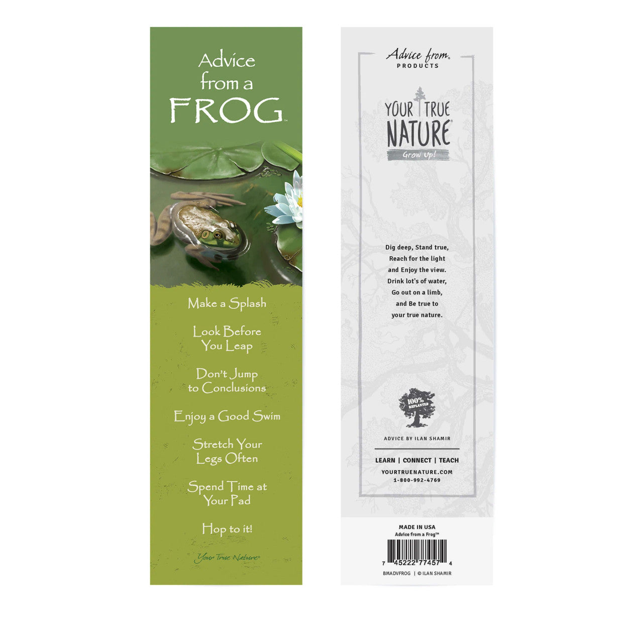 bookmark with frog-themed advice on a white background