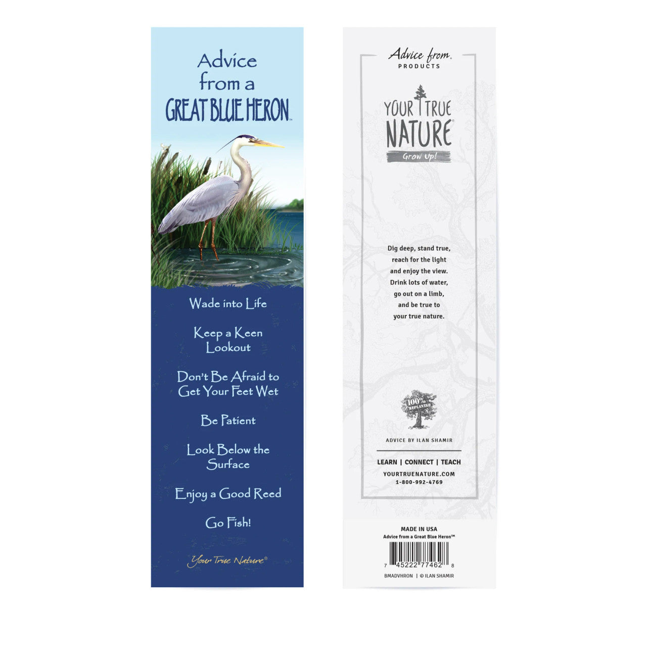 Bookmarks with a blue and white design featuring a great blue heron and nature-themed text.