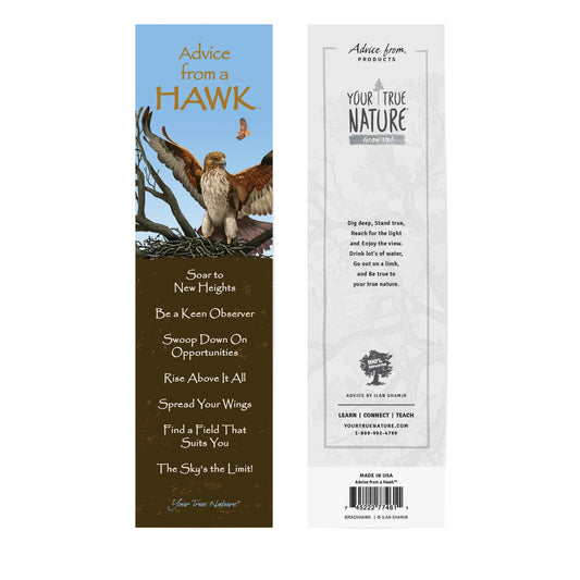 Bookmark with advice from a hawk and nature-themed text on a white background