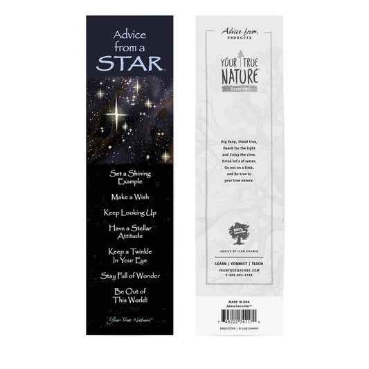 Black bookmark with image of the stars, listing advice from a star with light blue and beige text
