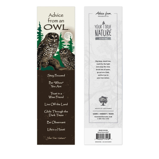 Front and back of a bookmark with owl illustrations listing 'Advice from an Owl'