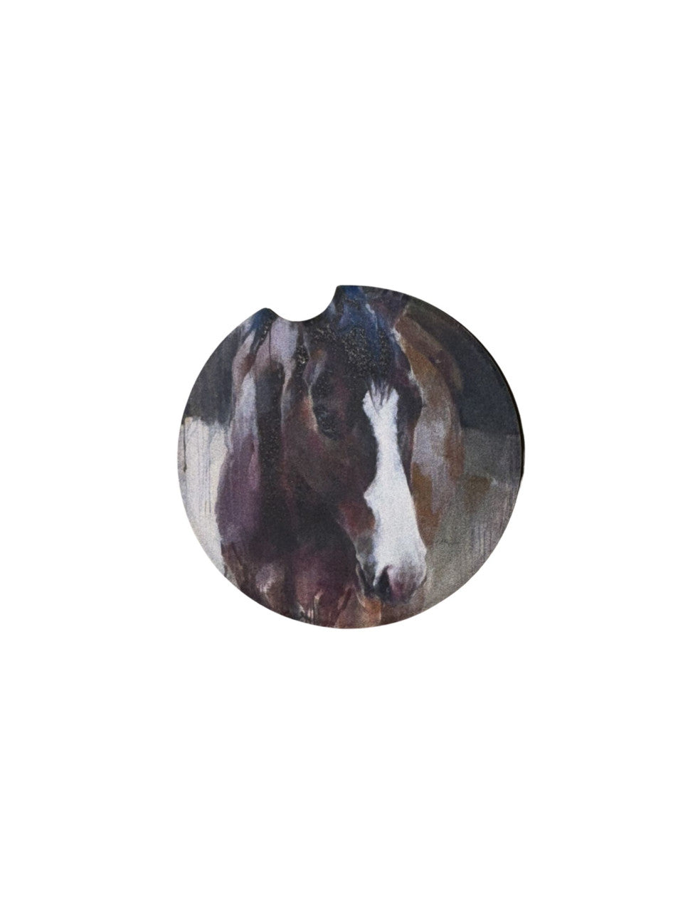 Round, stone car coaster with brown and white horse design with an indent for easier removal