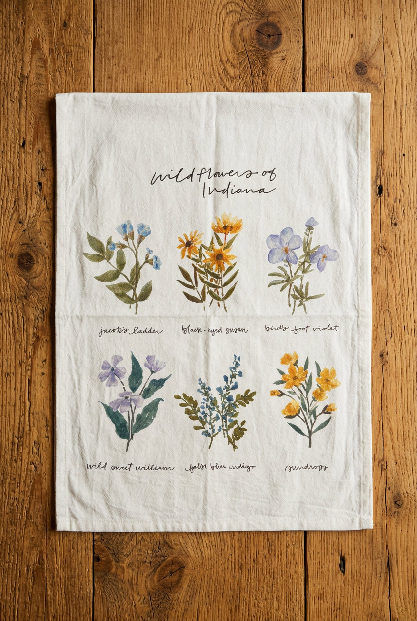 Wildflowers of Indiana tea towel with images of native flowers such as Jacob's ladder, black-eyed Susan, bird's foot violet, wild sweet william, false blue indigo, and sundrops