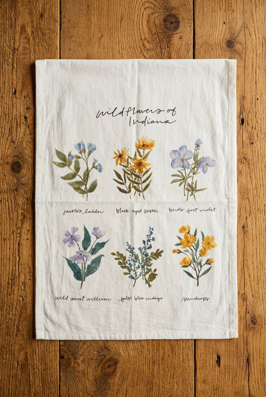 Wildflowers of Indiana tea towel with images of native flowers such as Jacob's ladder, black-eyed Susan, bird's foot violet, wild sweet william, false blue indigo, and sundrops