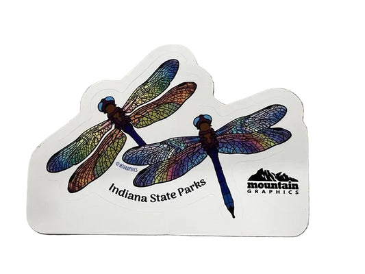 Sticker of two colorful dragonflies and 'Indiana State Parks' text
